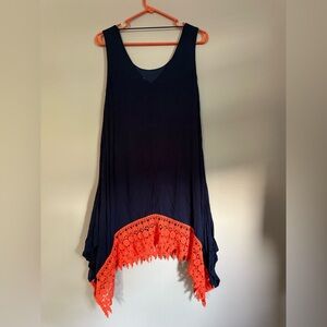 Umgee Sleeveless Shirt Tank Top dress Dark Blue orange lace accent size small